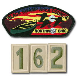 Black Swamp Area Council patch with red cloth 162
numbers below